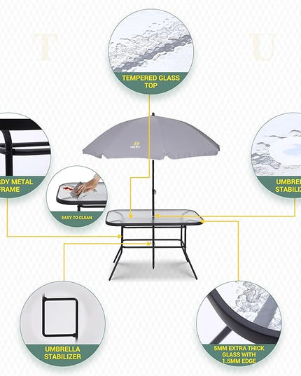 Nice C Outdoor Dining Sets, Patio Furniture Set, 8 Piece Set with Umbrella, Garden Outdoor Furniture Table Set with Tilted Removable Umbrella, Glass Table, and 6 Folding Chairs (Grey) - LeafyLoom