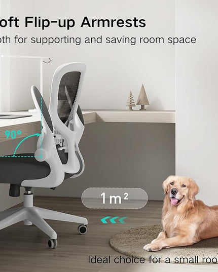 Hbada Office Chair Ergonomic Desk Chair, Office Desk Chairs with PU Silent Wheels, Breathable Mesh Computer Chair with Adjustable Lumbar Support, Flip-up Armrests, Tilt Function, White - LeafyLoom