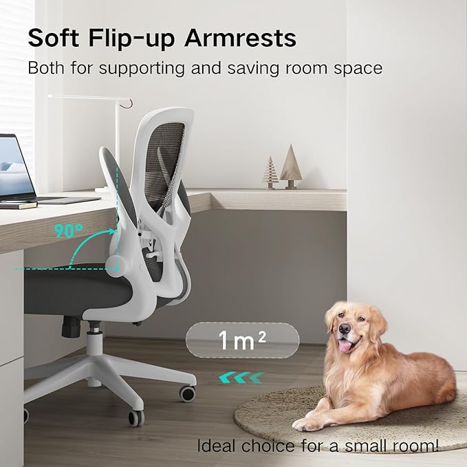 Hbada Office Chair Ergonomic Desk Chair, Office Desk Chairs with PU Silent Wheels, Breathable Mesh Computer Chair with Adjustable Lumbar Support, Flip-up Armrests, Tilt Function, White - LeafyLoom