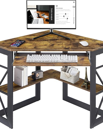 VECELO Corner Computer Desk 41 x 30 inches with Smooth Keyboard & Storage Shelves for Home Office Workstation, Antique Brown - LeafyLoom