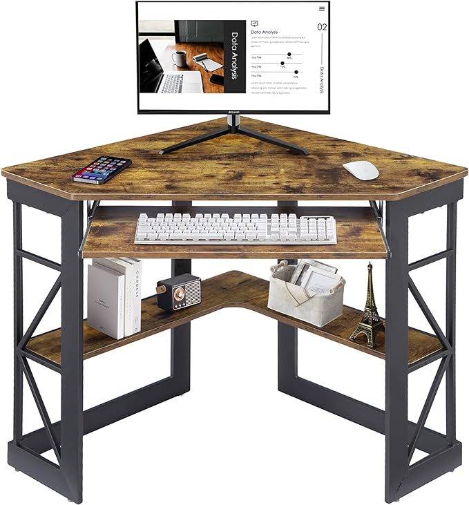 VECELO Corner Computer Desk 41 x 30 inches with Smooth Keyboard & Storage Shelves for Home Office Workstation, Antique Brown - LeafyLoom