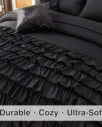 A Nice Night Waterfall Flutter Ruffle Comforter Sets,Ruffled Textured Chic Princess 6pcs Bedding Set,with Bling Shiny Sequin Throw Pillow Case,Black,Twin - LeafyLoom