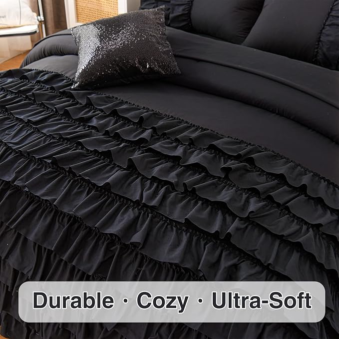 A Nice Night Waterfall Flutter Ruffle Comforter Sets,Ruffled Textured Chic Princess 6pcs Bedding Set,with Bling Shiny Sequin Throw Pillow Case,Black,Twin - LeafyLoom