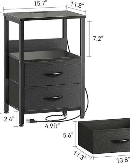 Night Stand Set of 2, Bedside Tables with Fabric Drawers, Side Table with Charging Station, LED Nightstand with USB Ports and Outlets, Small End Table for Bedroom, Black - LeafyLoom