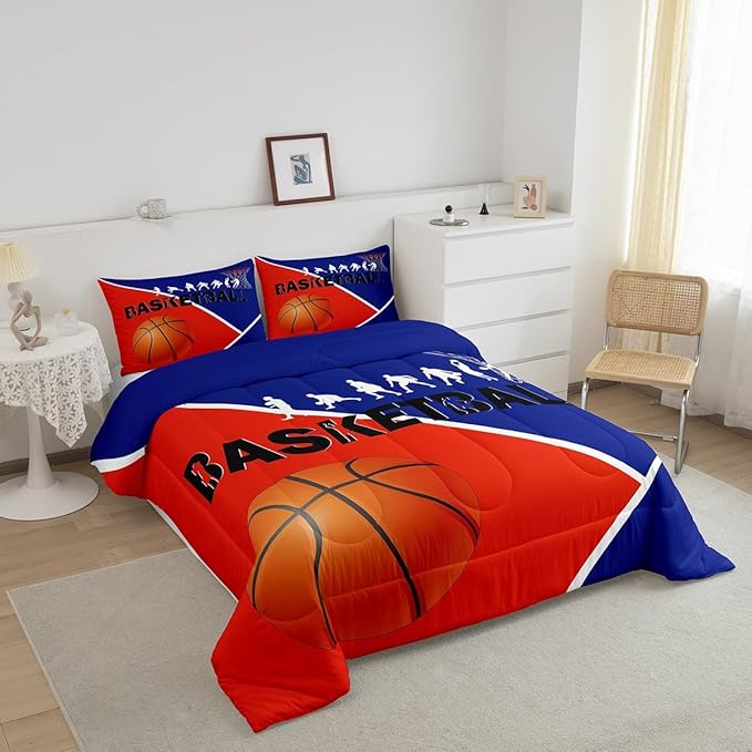 Erosebridal Basketball Twin Bedding Sets for Boys Girls Basketball Player Comforter Set Sports Bedding Comforter Sets for Kids Teen Orange Blue Geometric Quilt Duvet 1 Pillow Case Bedroom Dorm Decor - LeafyLoom