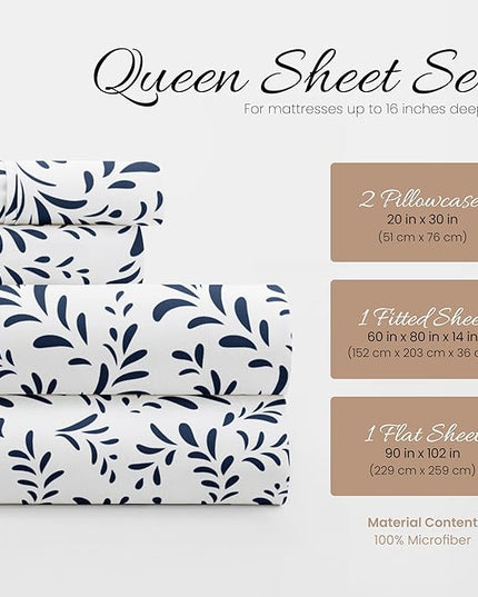 Linen Market 4 Piece Queen Bedding Sheet Set (Navy Vines) - Sleep Better Than Ever with These Ultra-Soft & Cooling Bed Sheets for Your Queen Size Bed - Deep Pocket Fits 16" Mattress - LeafyLoom