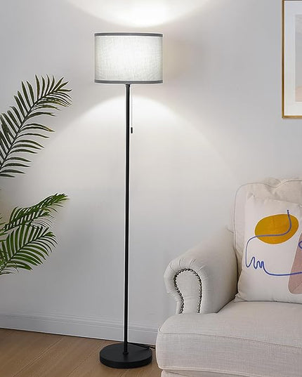 FOLKSMATE Floor Lamp for Living Room, Modern LED Simple Standing Lamps, Minimalist Tall Lamp for Bedroom, Living Room, Office, Kids Room, Reading Light, Black Pole Lamp with Grey Shade, without Bulb - LeafyLoom
