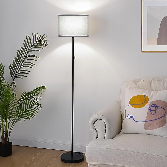 FOLKSMATE Floor Lamp for Living Room, Modern LED Simple Standing Lamps, Minimalist Tall Lamp for Bedroom, Living Room, Office, Kids Room, Reading Light, Black Pole Lamp with Grey Shade, without Bulb - LeafyLoom