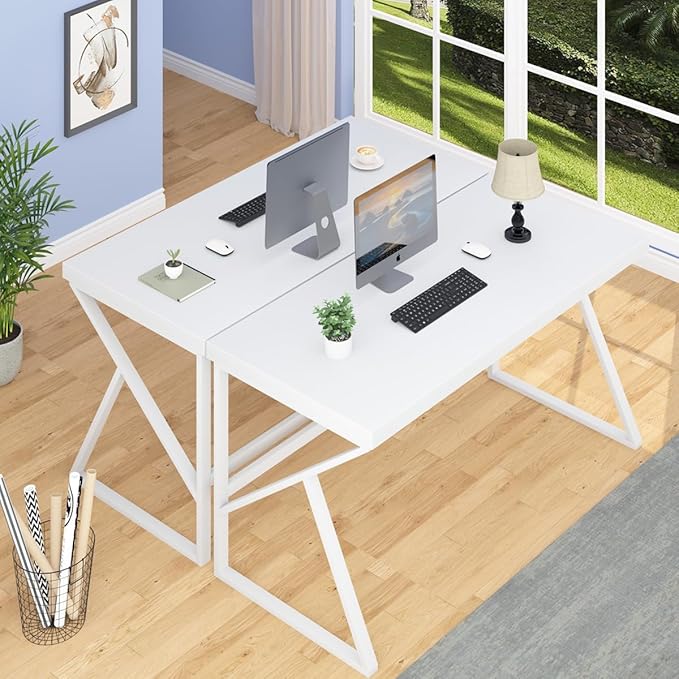 HSH White Computer Desk, Modern Wood Home Office Desk, PC Desk for Executive Work Writing Study Gaming Student Bedroom, Farmhouse Simple Wooden and Metal Computer Table Workstation, White Oak 55 Inch - LeafyLoom