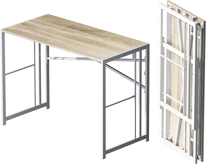 Folding Desk 40 inch Writing Gaming Computer Camping Table, No Assembly Required Home Office Desk, Beige - LeafyLoom
