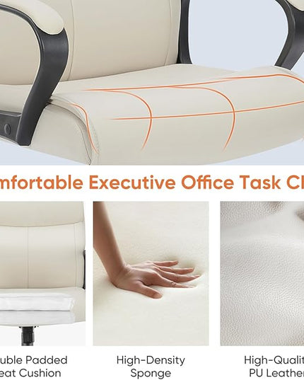 Sweetcrispy Executive Office Chair with Padded Armrests Adjustable Height, 360-Degree Swivel, Lumbar Support, PU Leather, Cream - LeafyLoom