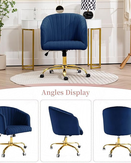 ROWHY Comfy Office Desk Chair, Velvet Swivel Desk Chairs with Wheels, Modern Office Computer Chair with Gold Base, Adjustable Wide Vanity Rolling Chair for Bedroom, Study, Navy Blue - LeafyLoom