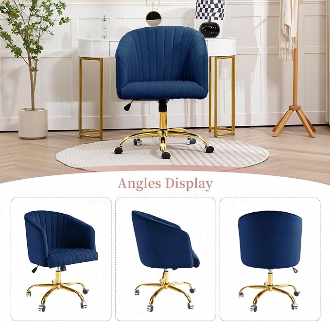 ROWHY Comfy Office Desk Chair, Velvet Swivel Desk Chairs with Wheels, Modern Office Computer Chair with Gold Base, Adjustable Wide Vanity Rolling Chair for Bedroom, Study, Navy Blue - LeafyLoom