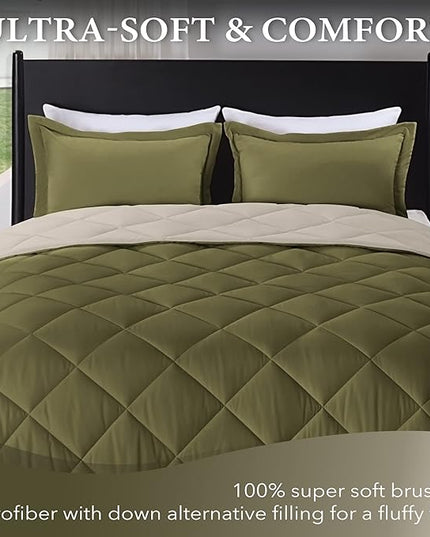 downluxe Queen Comforter Set, Lightweight Solid Down Alternative Reversible, 3-Piece Queen Size Comforter Set with 2 Reversible Pillow Shams (Olive Green/Ivory) - LeafyLoom