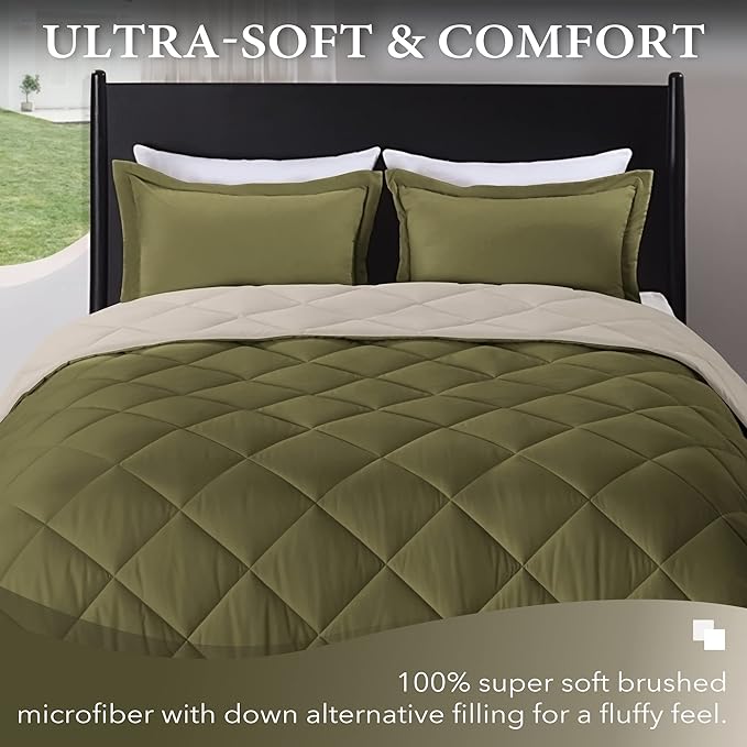 downluxe Lightweight Solid Comforter Set (Twin) with 1 Pillow Sham - 2-Piece Set - Olive Green and Ivory - Down Alternative Reversible Comforter - LeafyLoom