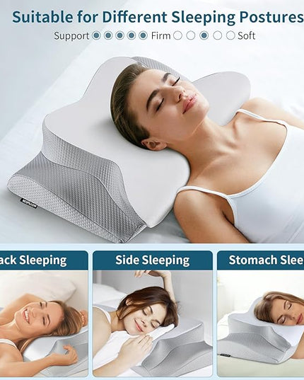 Neck Pillow Cervical Memory Foam Pillows for Pain Relief Sleeping, Ergonomic Pillow for Shoulder Pain, Orthopedic Contour Bed Pillow for Side, Back & Stomach Sleepers with Cooling Pillowcase - LeafyLoom