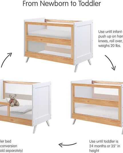 BreathableBaby Breathable Mesh 3-in-1 Convertible Crib (Toddler Bed Kit Sold Separately) — Beech & White — Two Adjustable Mattress Heights — Greenguard Gold Certified - LeafyLoom