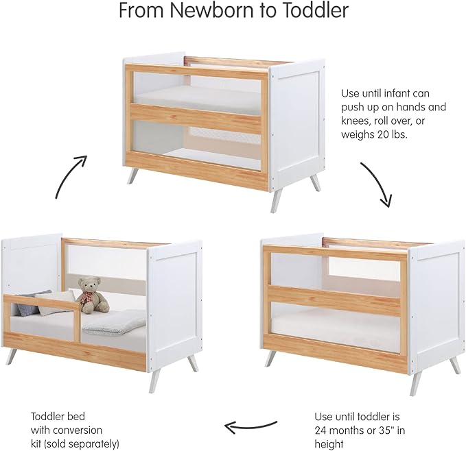 BreathableBaby Breathable Mesh 3-in-1 Convertible Crib (Toddler Bed Kit Sold Separately) — Beech & White — Two Adjustable Mattress Heights — Greenguard Gold Certified - LeafyLoom
