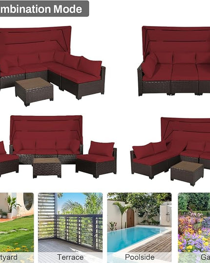 6 PCS Outdoor Patio Furniture Set,Sectional Sofa Set,Rattan Daybed with Retractable Canopy,Adjustable Backrest,Storage Coffee Table,Chaise Chair Sunbed for Porch Garden Poolside Backyard(Red) - LeafyLoom