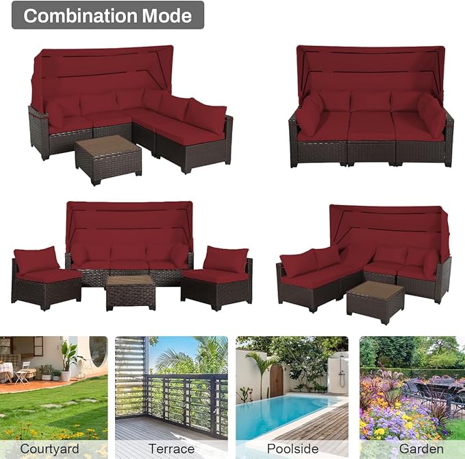 6 PCS Outdoor Patio Furniture Set,Sectional Sofa Set,Rattan Daybed with Retractable Canopy,Adjustable Backrest,Storage Coffee Table,Chaise Chair Sunbed for Porch Garden Poolside Backyard(Red) - LeafyLoom