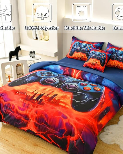 Game Console Full Comforter Set with Sheets, Microfiber 6 Pcs Bed in A Bag Full Size Gamer Bedding Set for Boys Kids Teens - LeafyLoom