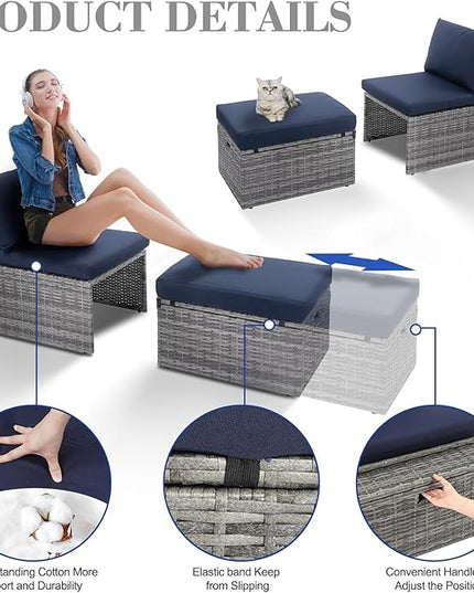 BACKYARD EXPRESSIONS PATIO · HOME · GARDEN w Backyard Expressions 2 Pc. Outdoor Conversation Chair Set with Storage and Ottoman, 250lb Weight Capacity, Navy Blue/Grey Wicker - LeafyLoom