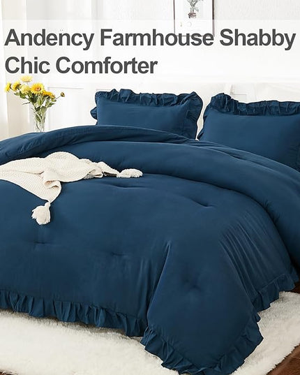 Andency Navy Blue Queen Comforter Set, 3 Pieces Boho Lightweight Solid Bedding Sets for Queen Bed, Fluffy Soft Double Women Men Microfiber Bedding Set - LeafyLoom