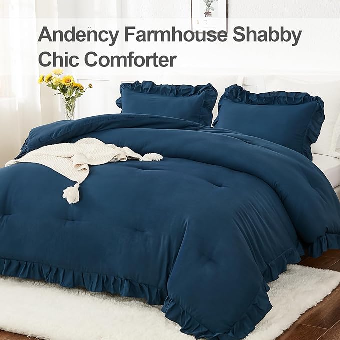Andency California King Comforter Set Navy Blue, 3 Pieces Cal King Solid Ruffle Shabby Chic Bedding Comforter, Oversized Lightweight Soft Microfiber Bed Comforter - LeafyLoom