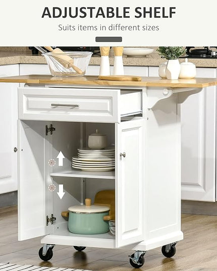 HOMCOM Kitchen Island with Drop Leaf Trolley Cart on Wheels Drawer Cabinet Towel Racks Versatile Use Natural Wood Top and White - LeafyLoom