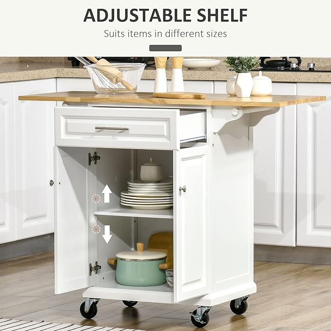 HOMCOM Kitchen Island with Drop Leaf Trolley Cart on Wheels Drawer Cabinet Towel Racks Versatile Use Natural Wood Top and White - LeafyLoom