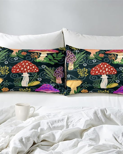 Mushroom Comforter for Girls Boys Teen, Cartoon Fungus Bedding Set Full Size, Cute Plants Pattern Black Comforter Set Soft Breathable Microfiber Quilt for All Season 3Pcs with Pillowcases - LeafyLoom