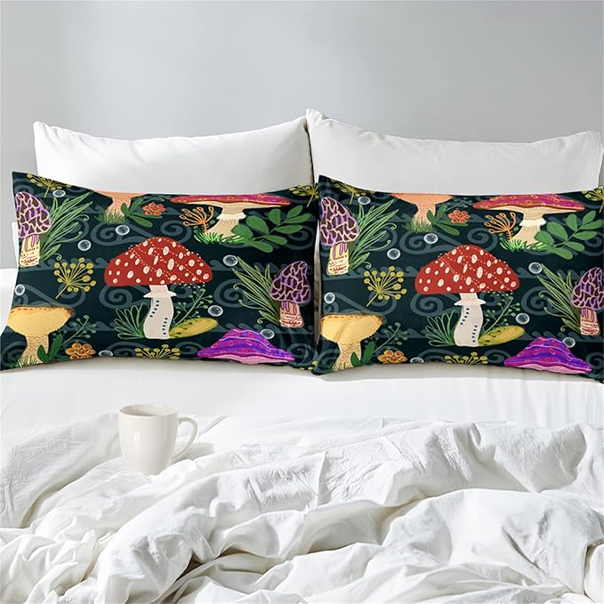 Cartoon Mushrooms Bedding Set, Girls Boys Ultra Soft Comforter Set Queen Size, Cute Plants Printed Quilt for Teens, Lovely Black Microfiber Comforter for All Season 3Pcs with Pillowcases - LeafyLoom