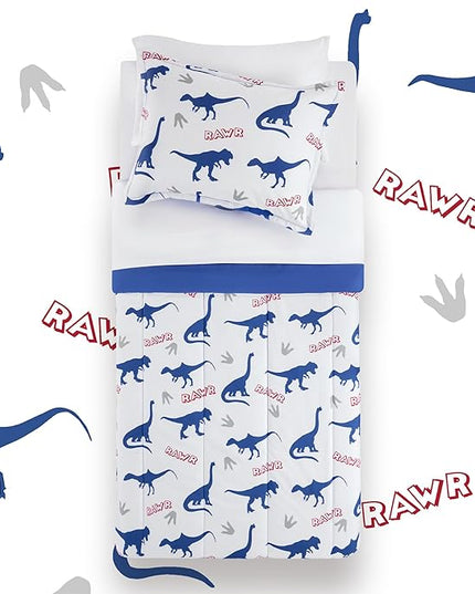 SLEEP ZONE Cartoon Dinosaur Comforter Set, Dark Blue Kids Bedding Set for Boys, Dinosaurs Print Comforter, Sheet, Pillowcase & Sham (Dinosaur Footprints, Twin) - LeafyLoom