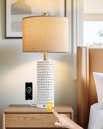 PORTRES 24" Farmhouse 3-Way Dimmable Touch Ceramic Table Lamp Set of 2 for Bedroom White Bedside Lamps with USB A+C Charging Ports for Living room Nightstand Lamp End Table lamps - LeafyLoom