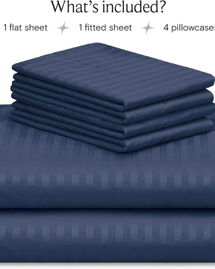 LuxClub 6 PC Cal King Size Sheet Set Bed Sheets, Breathable Luxury Bed Sheets, Deep Pockets 18" Wrinkle Free Cooling Bed Sheets Machine Washable Hotel Bedding (Cal King, Striped Navy) - LeafyLoom
