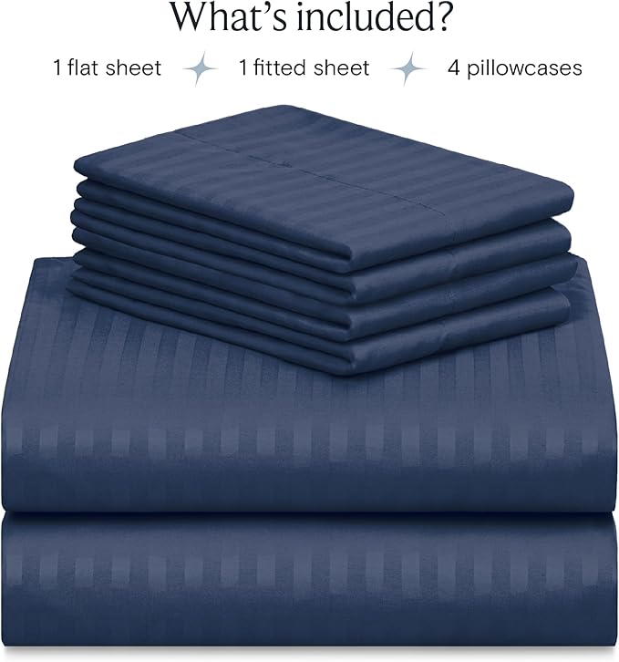 LuxClub 6 PC Cal King Size Sheet Set Bed Sheets, Breathable Luxury Bed Sheets, Deep Pockets 18" Wrinkle Free Cooling Bed Sheets Machine Washable Hotel Bedding (Cal King, Striped Navy) - LeafyLoom