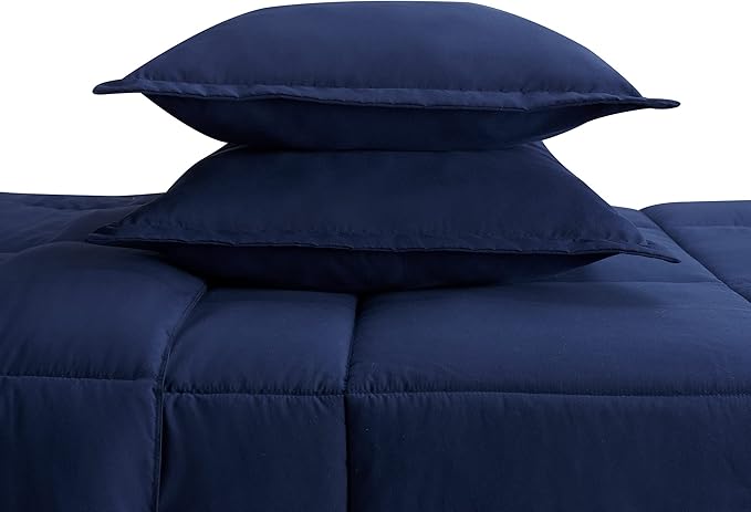 SERTA Simply Clean Ultra Soft Hypoallergenic Solid 3 Piece Comforter Set, King, Navy - LeafyLoom