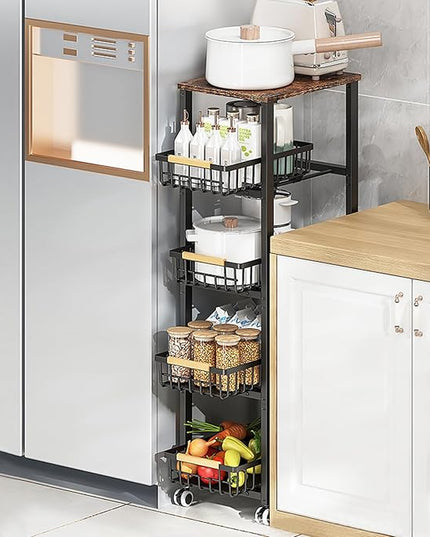 Kitchen Storage Cart Slim Rolling Cart On Wheels,5-Tier Skinny Kitchen Island Utility Organizer Storage Cart with Pull-Out Baskets and Wood Top,Mesh Fruit Basket Cart with Handle - LeafyLoom