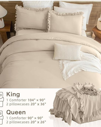 Farmhouse King Size Comforter Set,Shabby Boho Chic Bedding Ruffled Linen Feel Textured King Bed Comforter Vintage Rustic French Country Bedding Sets 3 Pieces - LeafyLoom