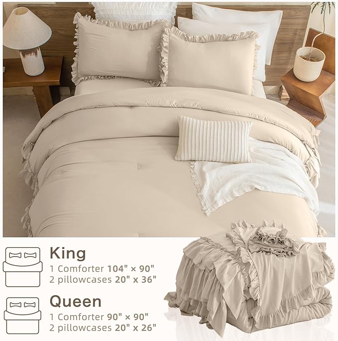 Farmhouse King Size Comforter Set,Shabby Boho Chic Bedding Ruffled Linen Feel Textured King Bed Comforter Vintage Rustic French Country Bedding Sets 3 Pieces - LeafyLoom