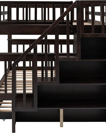 Stairway Bunk Bed Full Over Full with Twin Size Trundle and Stairs Storage, Wooden 3 Bedframe for Kids Teens Adults, Bedroom Furniture, can be Detachabled, Espresso - LeafyLoom