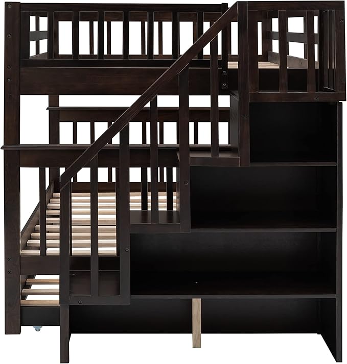 Stairway Bunk Bed Full Over Full with Twin Size Trundle and Stairs Storage, Wooden 3 Bedframe for Kids Teens Adults, Bedroom Furniture, can be Detachabled, Espresso - LeafyLoom