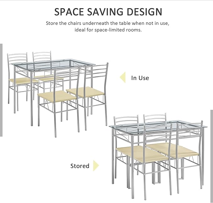 VECELO 5 Piece Dining Table Set for 4 with Chairs, Glass Top, Small Space, Silvery - LeafyLoom