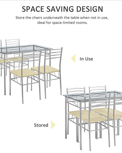 VECELO Kitchen Dining Room Table and Chairs 4, 5-Piece Dinette Sets, Space Saving (Silver), Silvery - LeafyLoom