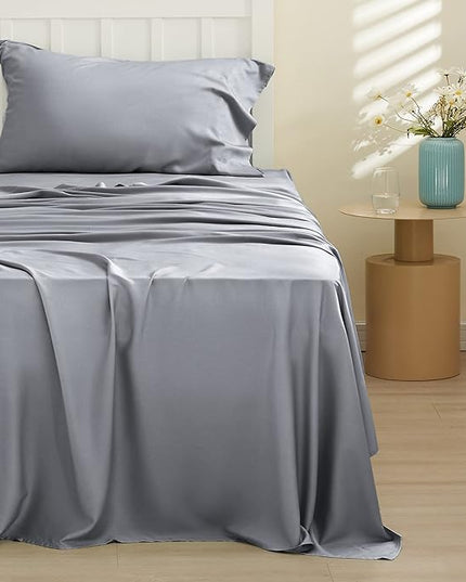 Bedsure Twin XL Sheet Set Dorm Bedding, Cooling Sheets Twin Extra Long Sheets, Rayon Derived from Bamboo, Deep Pocket Up to 16", Hotel Luxury Silky Bedding Sheets & Pillowcases, Silver Grey - LeafyLoom