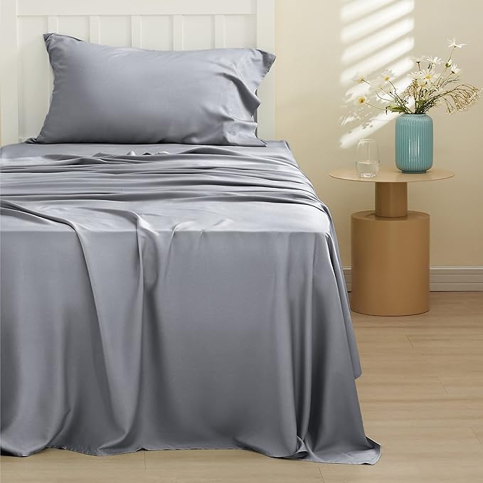 Bedsure Twin XL Sheet Set Dorm Bedding, Cooling Sheets Twin Extra Long Sheets, Rayon Derived from Bamboo, Deep Pocket Up to 16", Hotel Luxury Silky Bedding Sheets & Pillowcases, Silver Grey - LeafyLoom