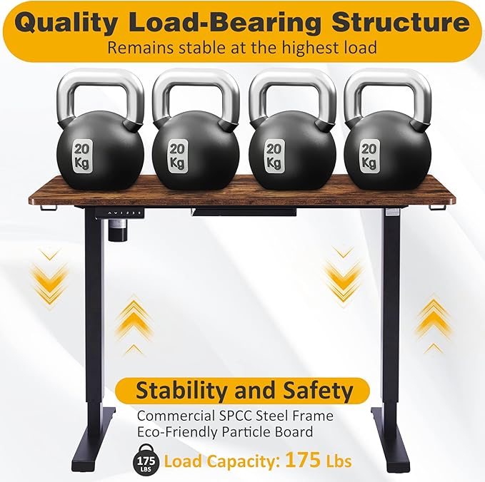Motorized Stand Up Desk Adjustable Height, 55x24 Office Desk Memory Preset with Cable Management Tray and Side Hooks, Black Frame & Brown Desktop - LeafyLoom
