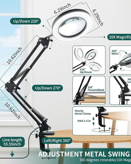 10X Magnifying Glass with Light, YOUKOYI 3-in-1 LED Magnifying Light, 3 Modes Stepless Dimming Magnifying Lamp with Magnetic Helping Hands & Heavy Duty Base Plate for Close Work Reading Repair Crafts - LeafyLoom