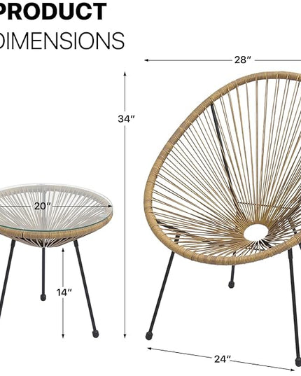 MoNiBloom 3 Piece Patio Set All Weather Outdoor Furniture Conversation Bistro Set with Plastic Rope, Glass Top Table and 2 Metal Steel Chairs for Garden Deck and Backyard Natural - LeafyLoom