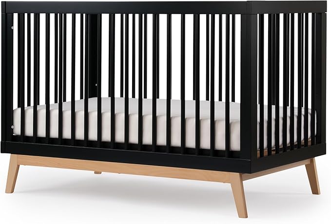 dadada Baby Soho 3-in-1 Convertible Crib to Toddler Bed – Wooden Crib Made in Italy, GREENGUARD Gold Certified Small Baby Crib – Baby-Safe Finish, Modern Design (Black/Natural) - LeafyLoom